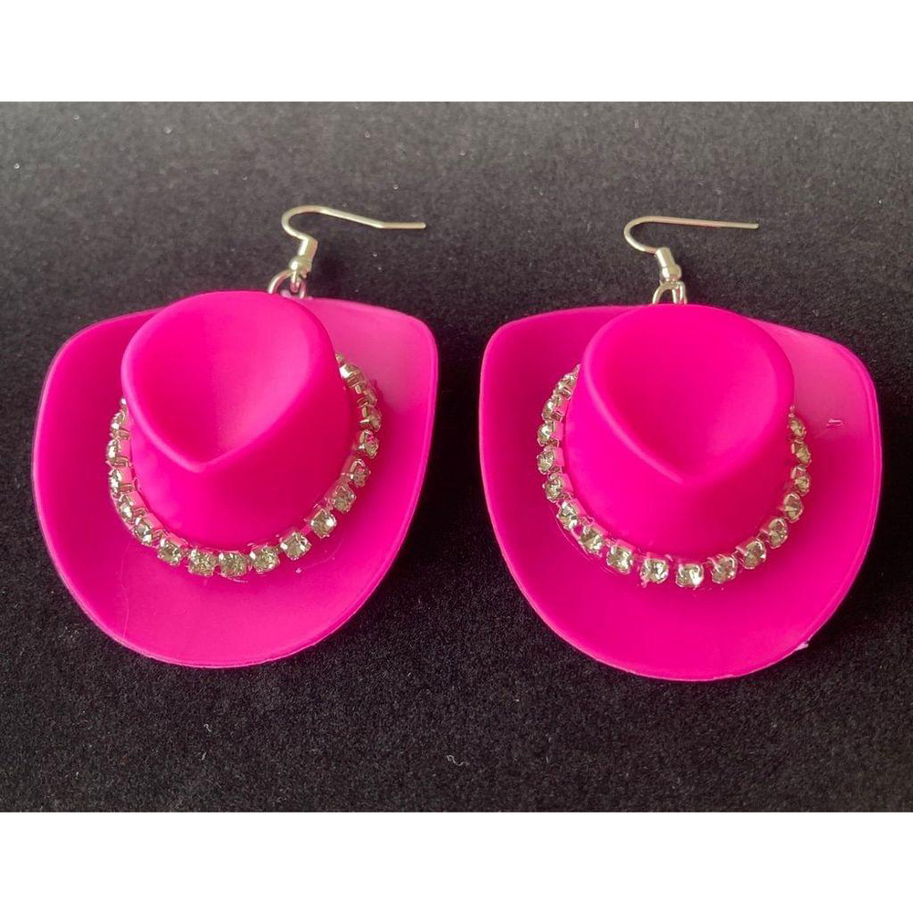 Pink bling cowgirl hat earrings 2
